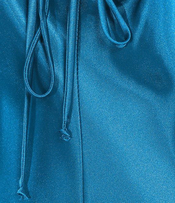 Morgan & Co. Sleeveless Long Spaghetti Strap Charmeuse Draped Front And X Back Long Dress Product Image