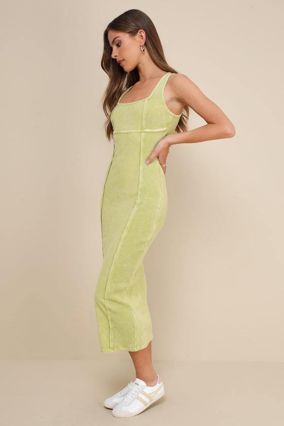 Memorable Instinct Lime Green Washed Ribbed Paneled Midi Dress Product Image