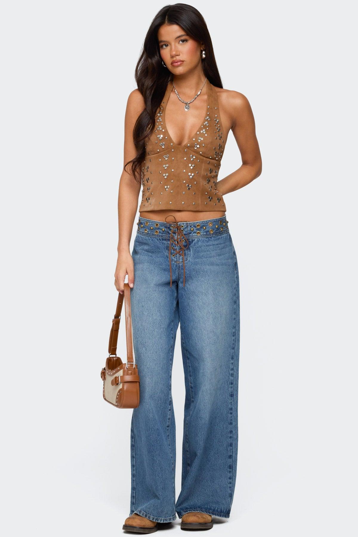 Xaria Studded Faux Suede Halter Top Product Image
