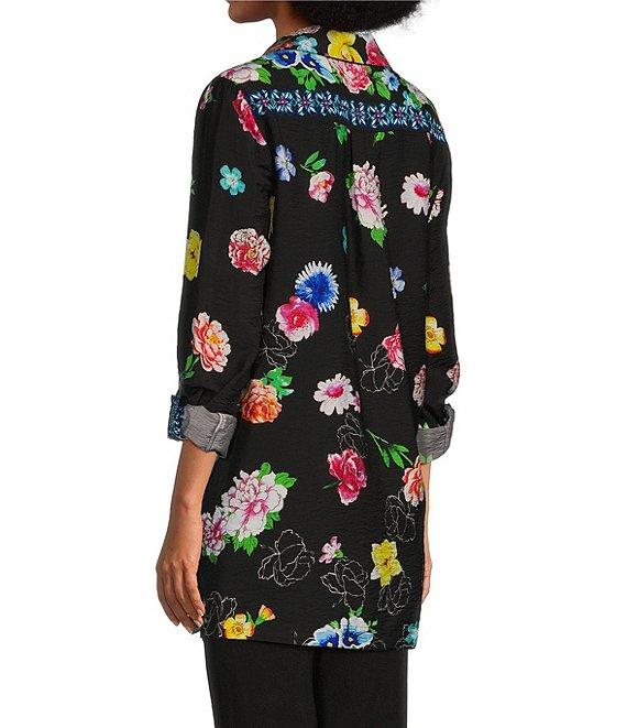 John Mark Floral Point Collar Long Roll-Tab Sleeve Button-Front Tunic Product Image