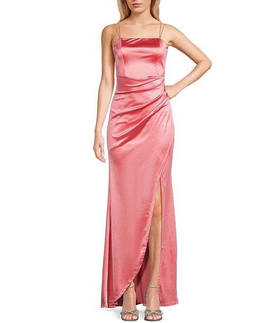 Honey and Rosie Double Strap Wrap Waist Side Slit Long Satin Gown Product Image