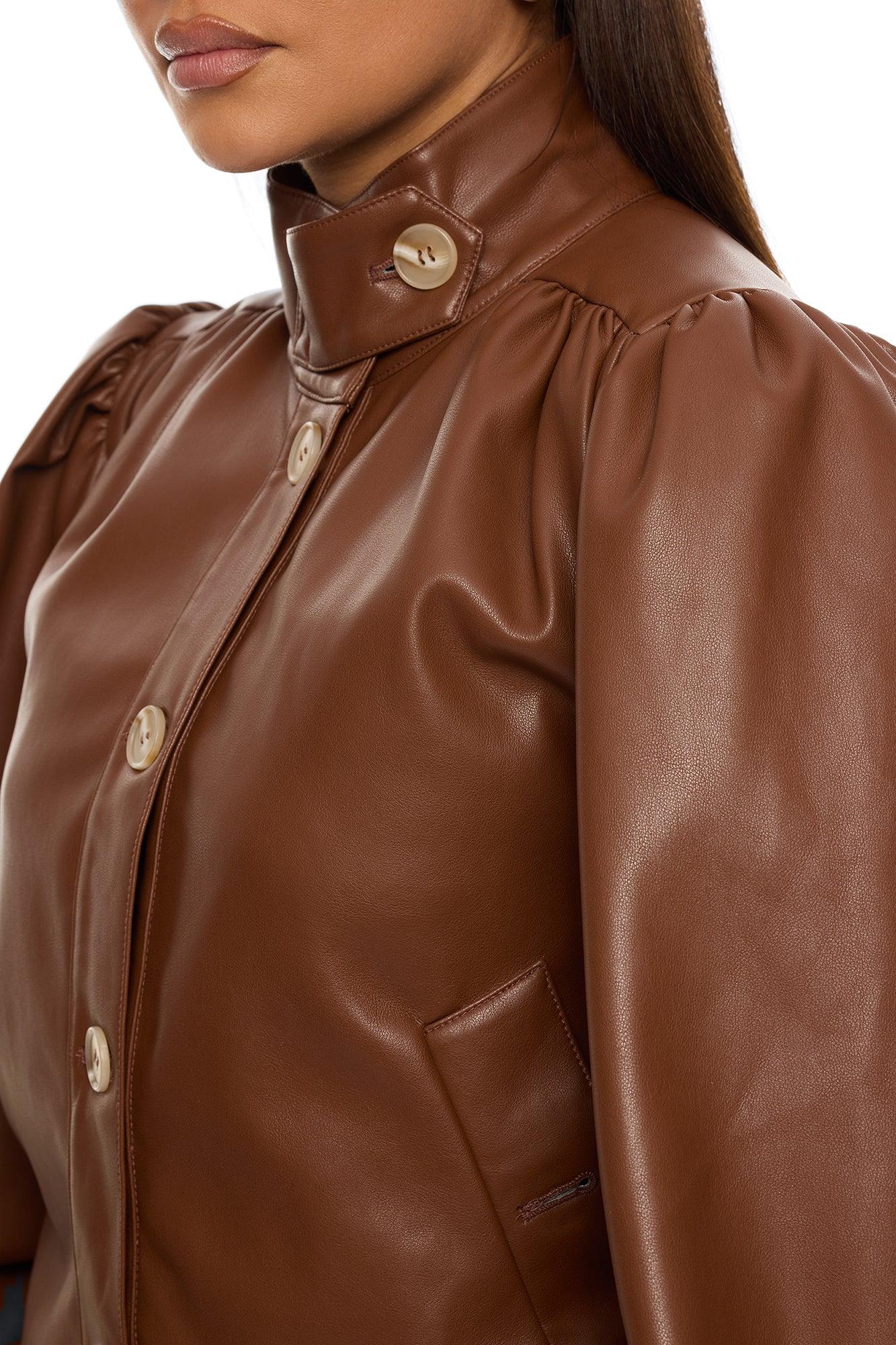 Marnie Balloon Sleeve Faux Leather Jacket - Brown Female Product Image