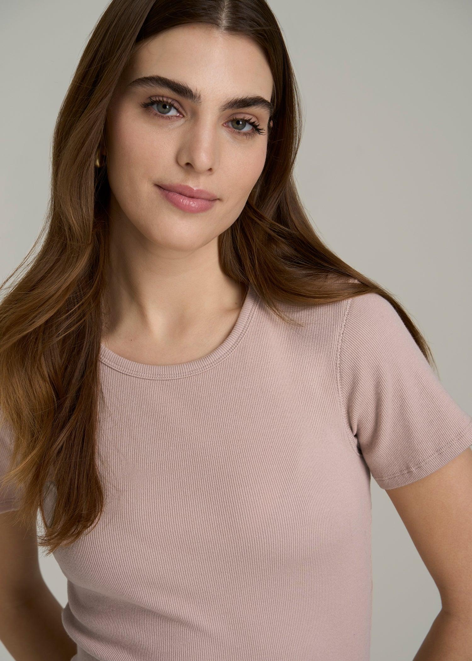 Short Sleeve Crew Neck Ribbed T-Shirt for Tall Women in Desert Rose Product Image