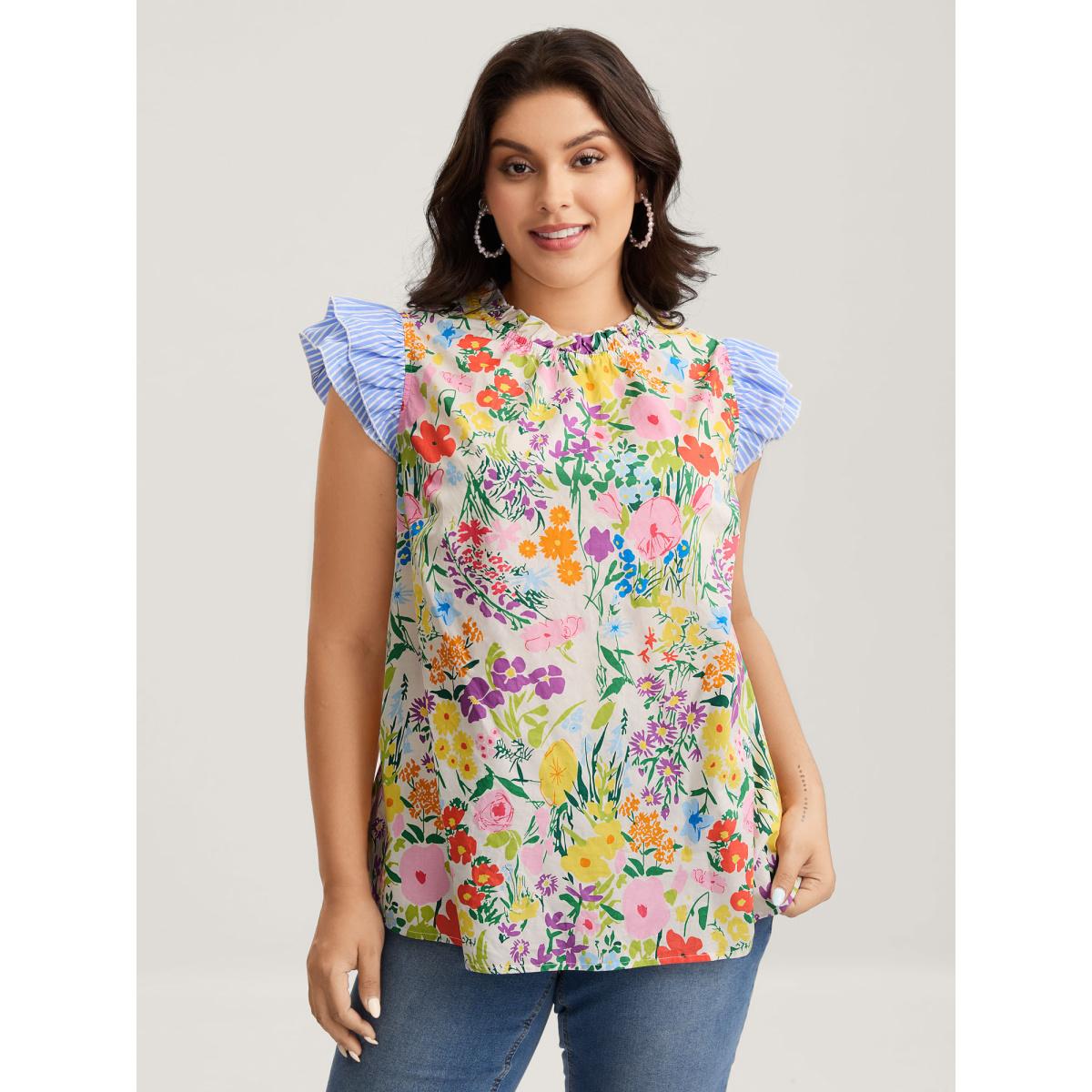 Plus Size Multicolor Pure Cotton Floral Turtleneck Blouse Women Cap Sleeve Mock Neck Everyday-Elegant Blouses BloomChic 12/L Product Image