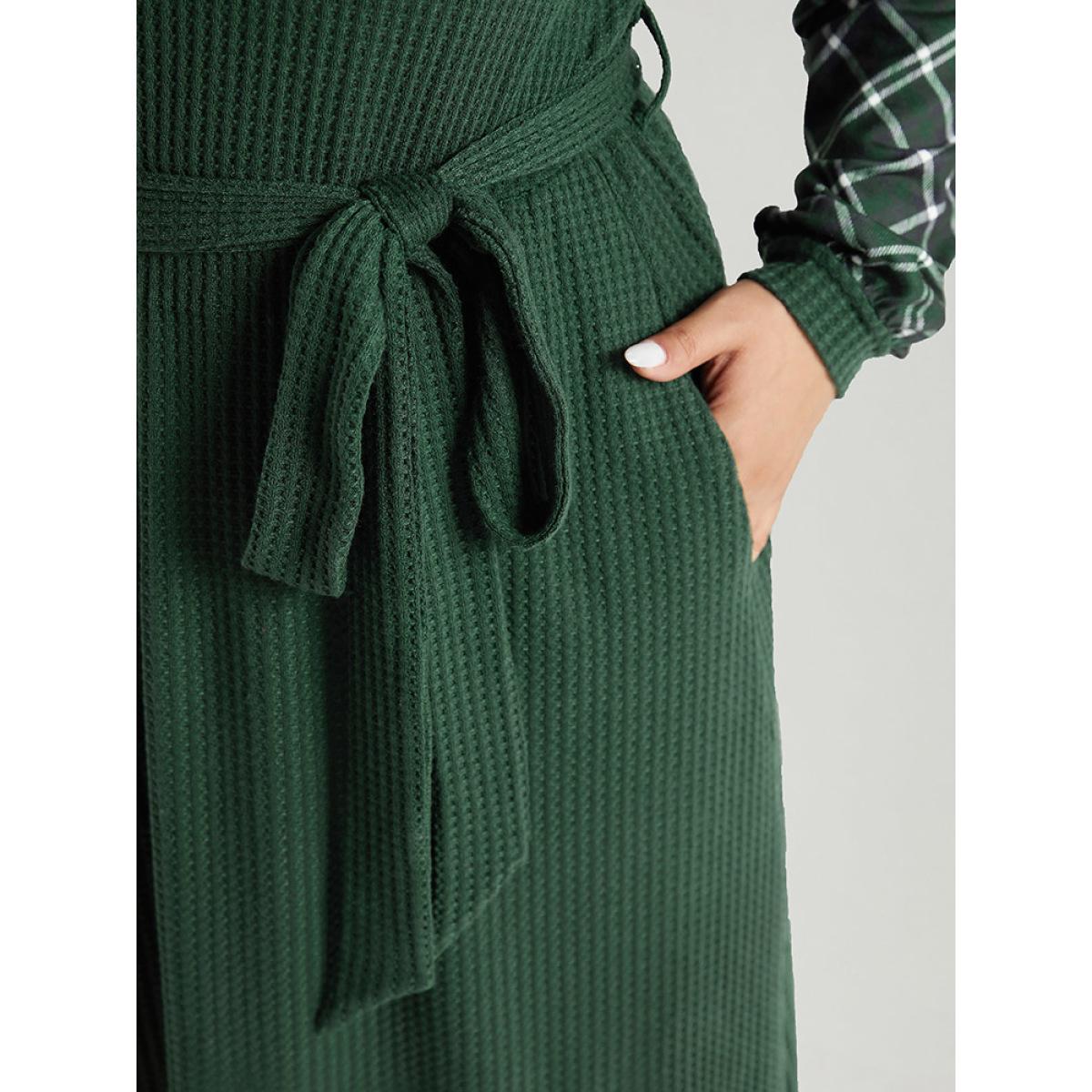 Plus Size Waffle Knit Plaid Patchwork Belted Dress DarkGreen Women Elegant Belted V-neck Long Sleeve Curvy Midi Dress BloomChic 10/M Product Image