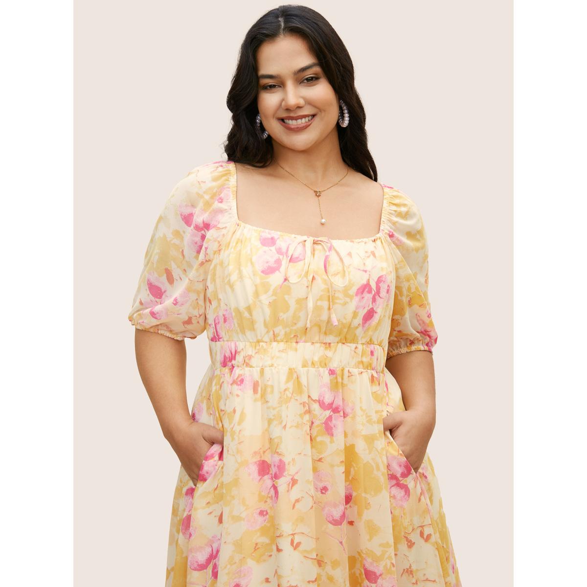 Plus Size Watercolor Floral Cross Straps Gathered Dress Lightyellow Women Elegant Gathered Square Neck Half Sleeve Curvy BloomChic 14-16/1X Product Image
