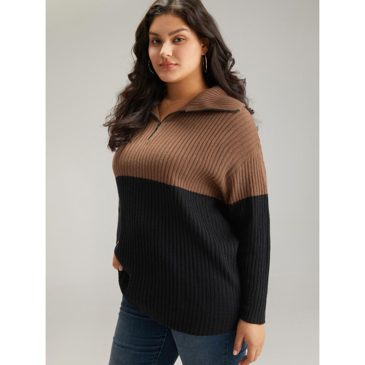 Plus Size Colorblock Contrast Half Zip Lapel Collar Pullover Black Women Casual Loose Long Sleeve Lapel Collar Dailywear Pullovers BloomChic 22-24/3X Product Image