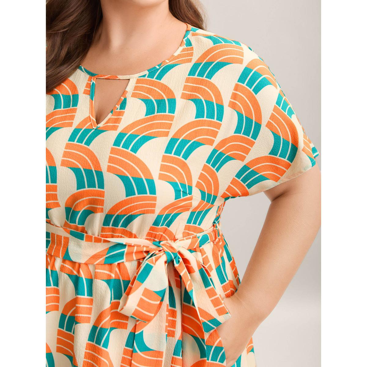 Plus Size Geometric Pattern Stretchy Waist Pockets Midi Dress Multicolor Women At the Office Belted Notched collar Short sleeve Curvy BloomChic 22-24/3X Product Image