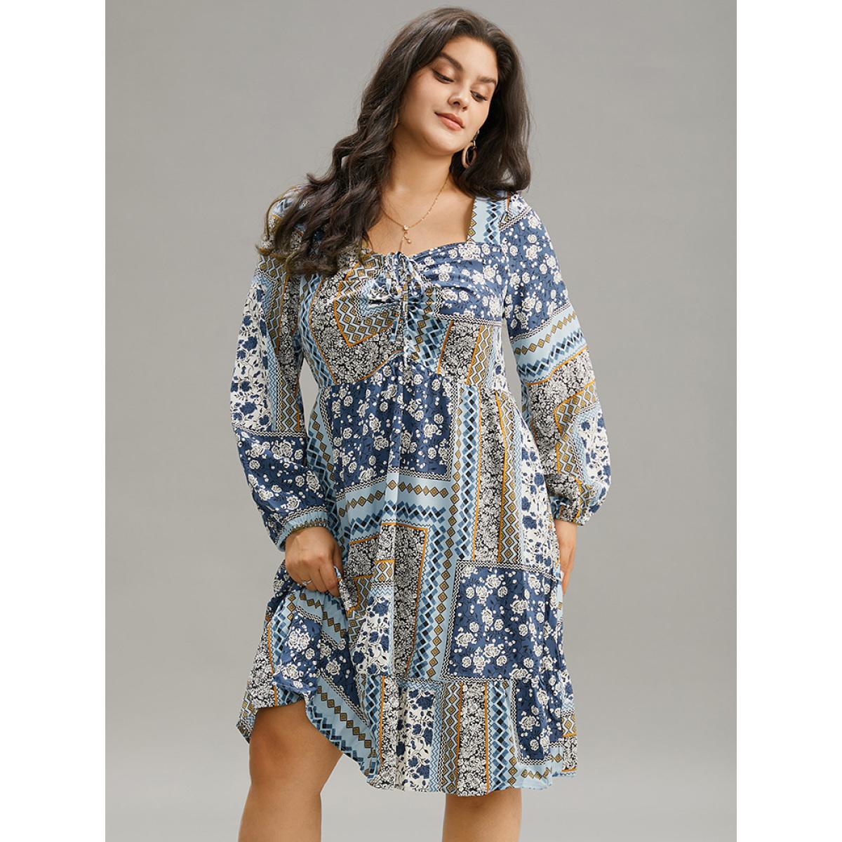 Plus Size Bandana Print Patchwork Ties Pocket Lantern Sleeve Dress Stone Women Vacation Elastic cuffs Square Neck Long Sleeve Curvy Midi Dress BloomChic 12/L Product Image