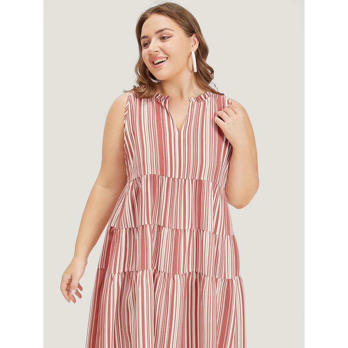 Plus Size Striped Pocket Notched Ruffle Layered Hem Dress Russet Women Vacation V-neck Sleeveless Curvy Knee Dress BloomChic 10/M Product Image