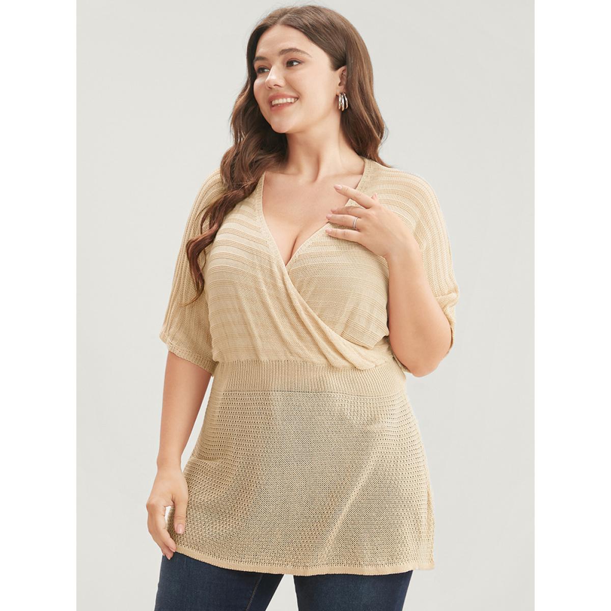 Plus Size Plain Dolman Sleeve Wrap Knit Top Champagne Women Casual Short sleeve V-neck Dailywear Pullovers BloomChic 14-16/1X Product Image