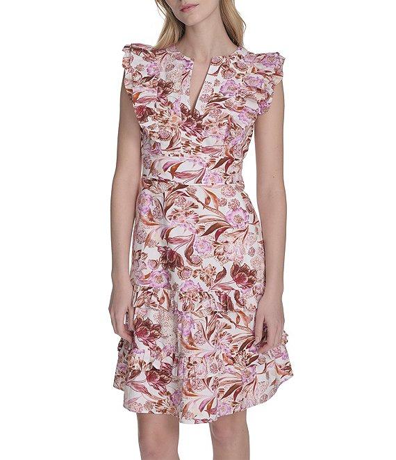 Eliza J Split V Neck Ruffle Trim Printed Poplin Shift Dress Product Image