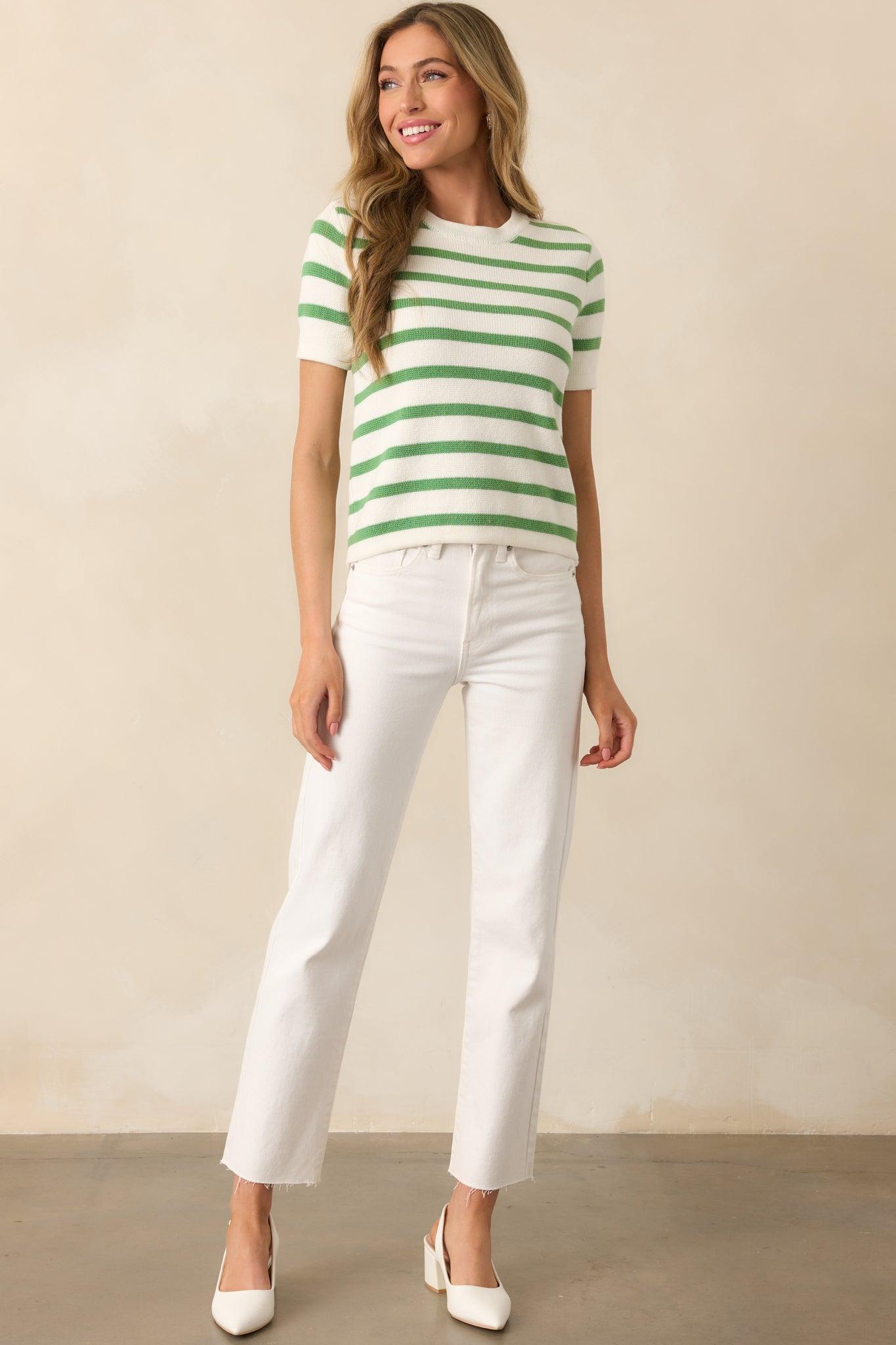 Mary Lynn Eden Green Stripe Cotton Sweater Product Image