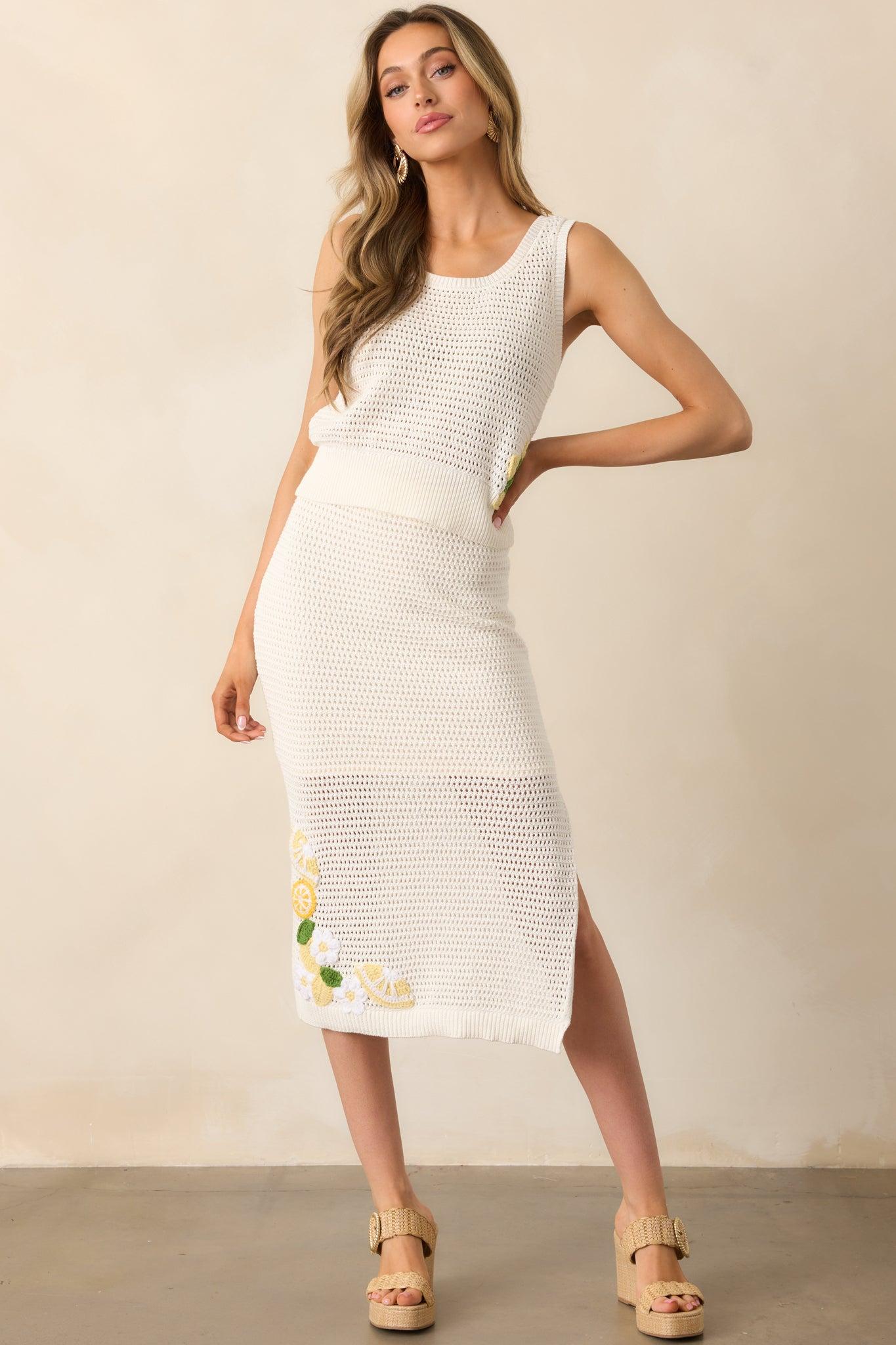 In My Own World Ivory Cotton Lemon Crochet Knit Midi Skirt Product Image