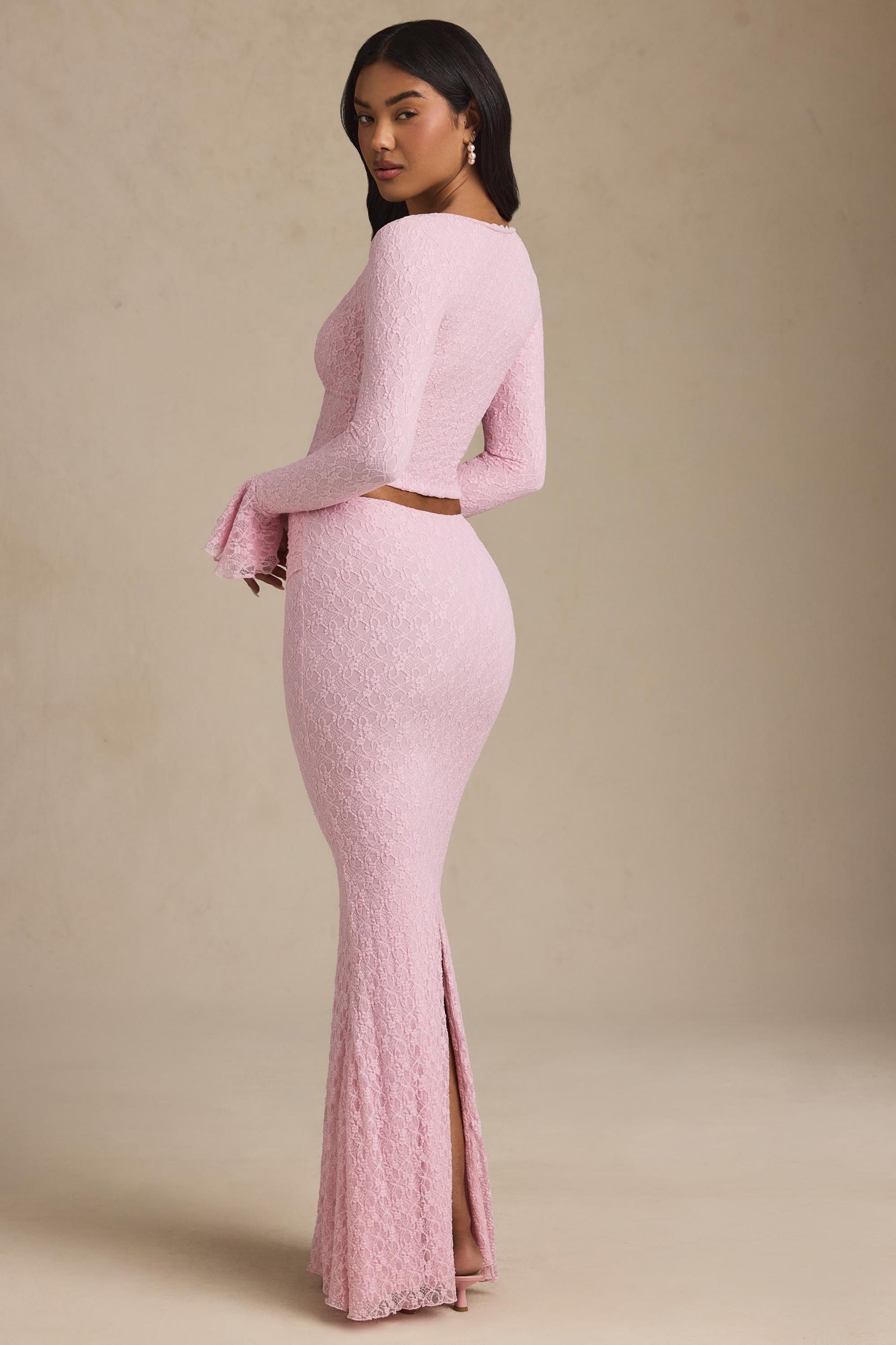 Draped Low-Rise Lace Maxi Skirt in Soft Pink Product Image