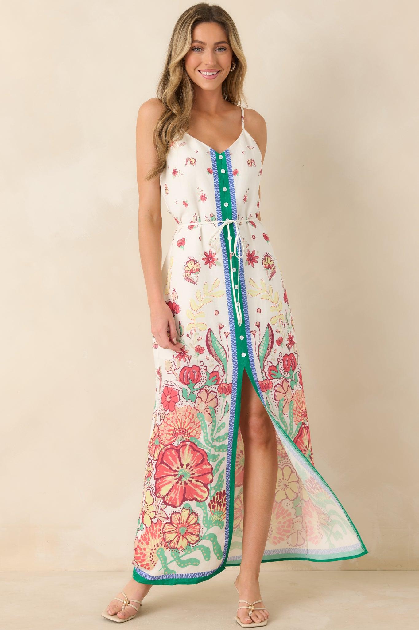 Floral Fantasy Green & Coral Pink Floral Maxi Dress Product Image