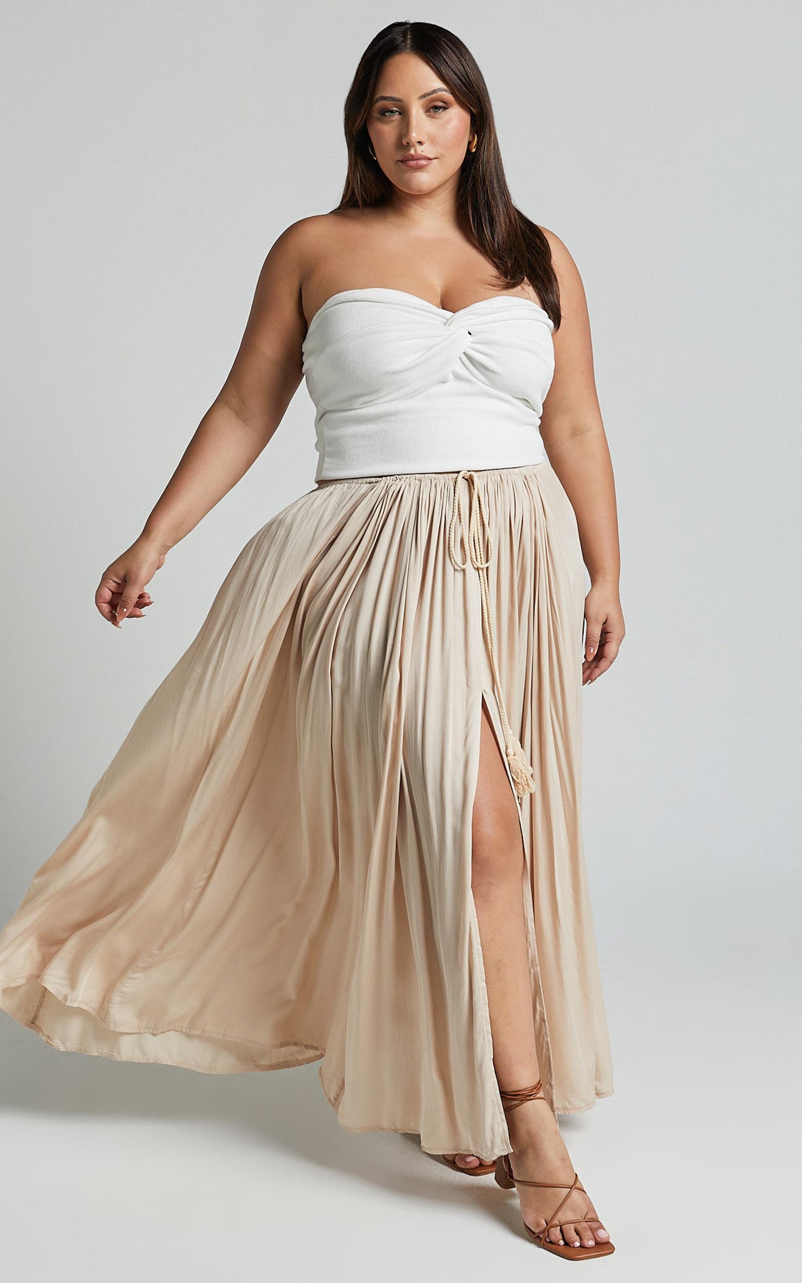 Under The Twilight Maxi Skirt - Thigh Split Skirt in Beige Product Image