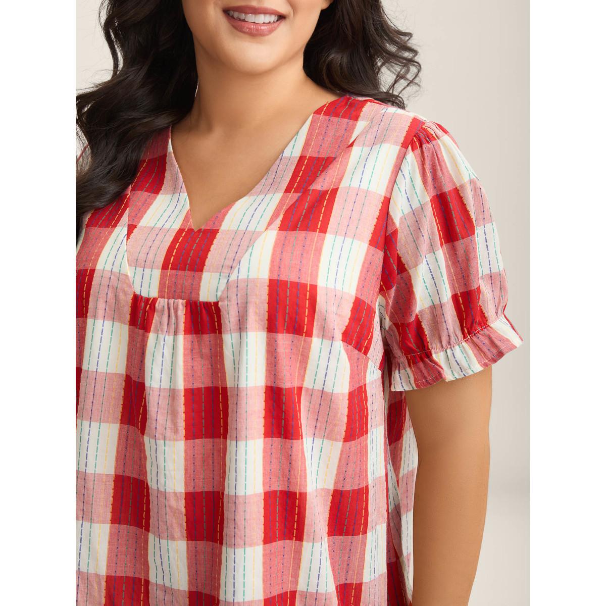 Plus Size Multicolor Cotton Plaid Print V-Neck Puffy Sleeve Blouse Women Playful Short sleeve V-neck Casual Blouses BloomChic 30/6X Product Image