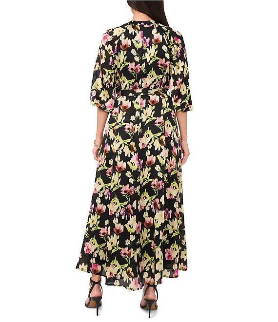 Vince Camuto Woven Floral Print V-Neck 3/4 Sleeve Belted Maxi Dress Product Image