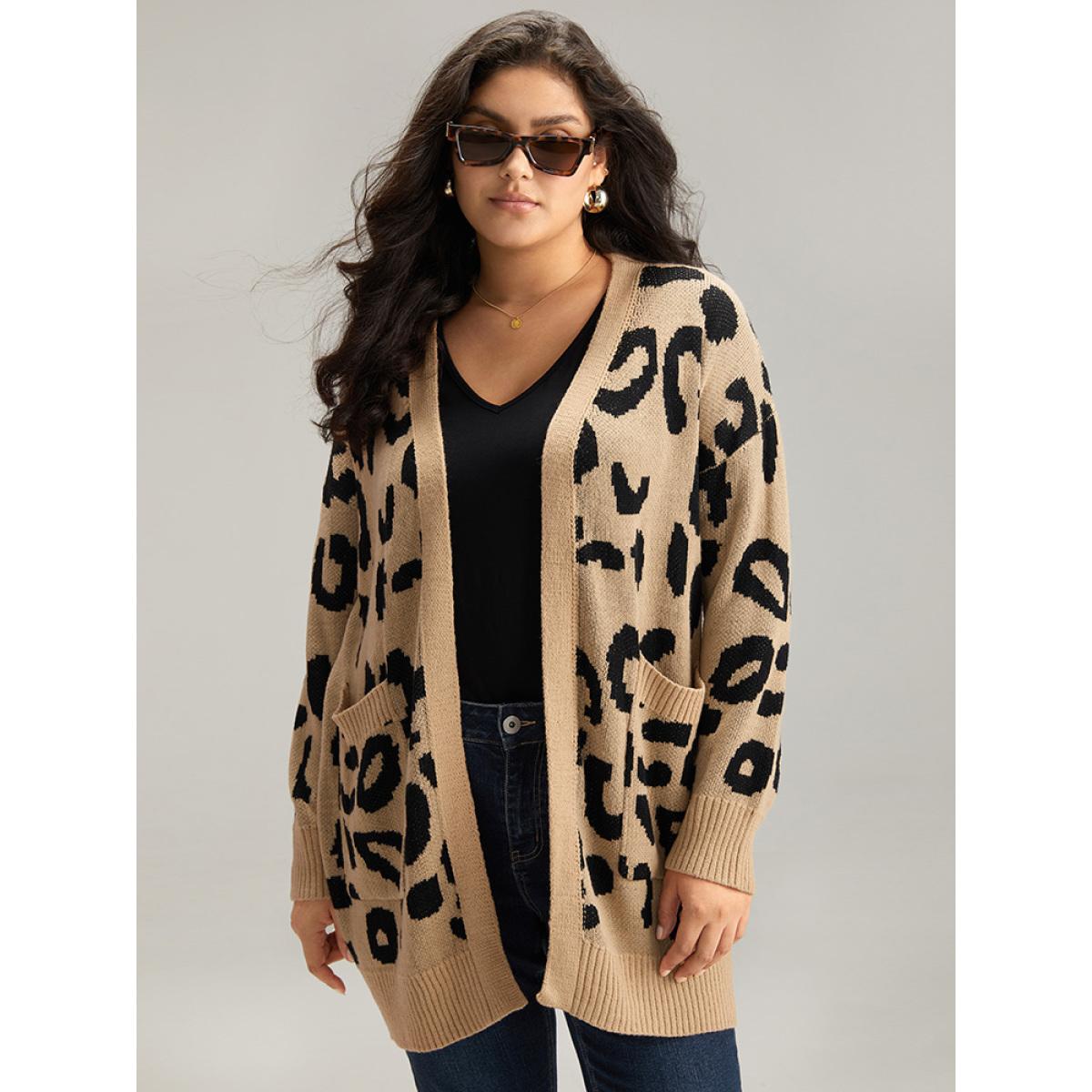 Plus Size Leopard Elastic Cuffs Drop Shoulder Cardigan Leopard Women Casual Loose Long Sleeve Everyday Cardigans BloomChic 22-24/3X Product Image