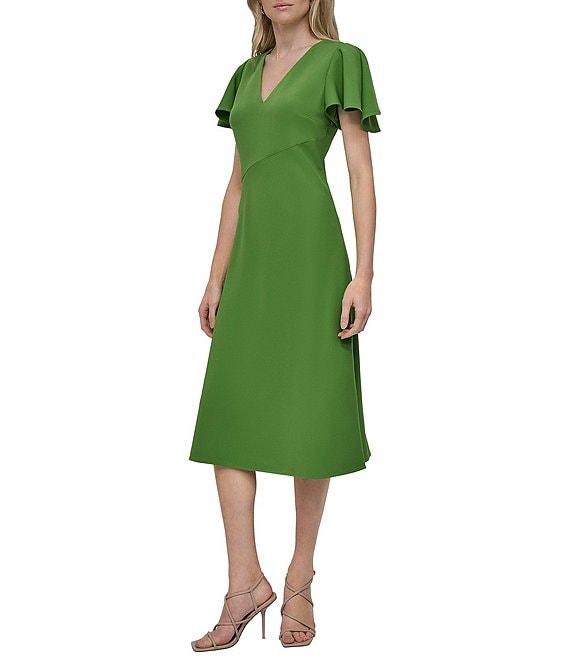 DKNY by Donna Karan Stretch V Neck Short Split Sleeve Fit and Flare Midi Dress Product Image
