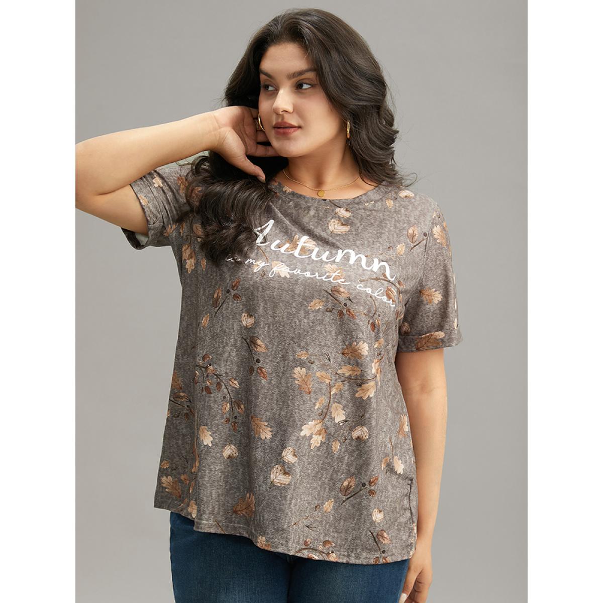 Plus Size Halloween Letter & Plant Print Cuffed Sleeve T-shirt Gray Women Casual Printed Positive slogan Round Neck Festival-Halloween T-shirts BloomChic 22-24/3X Product Image