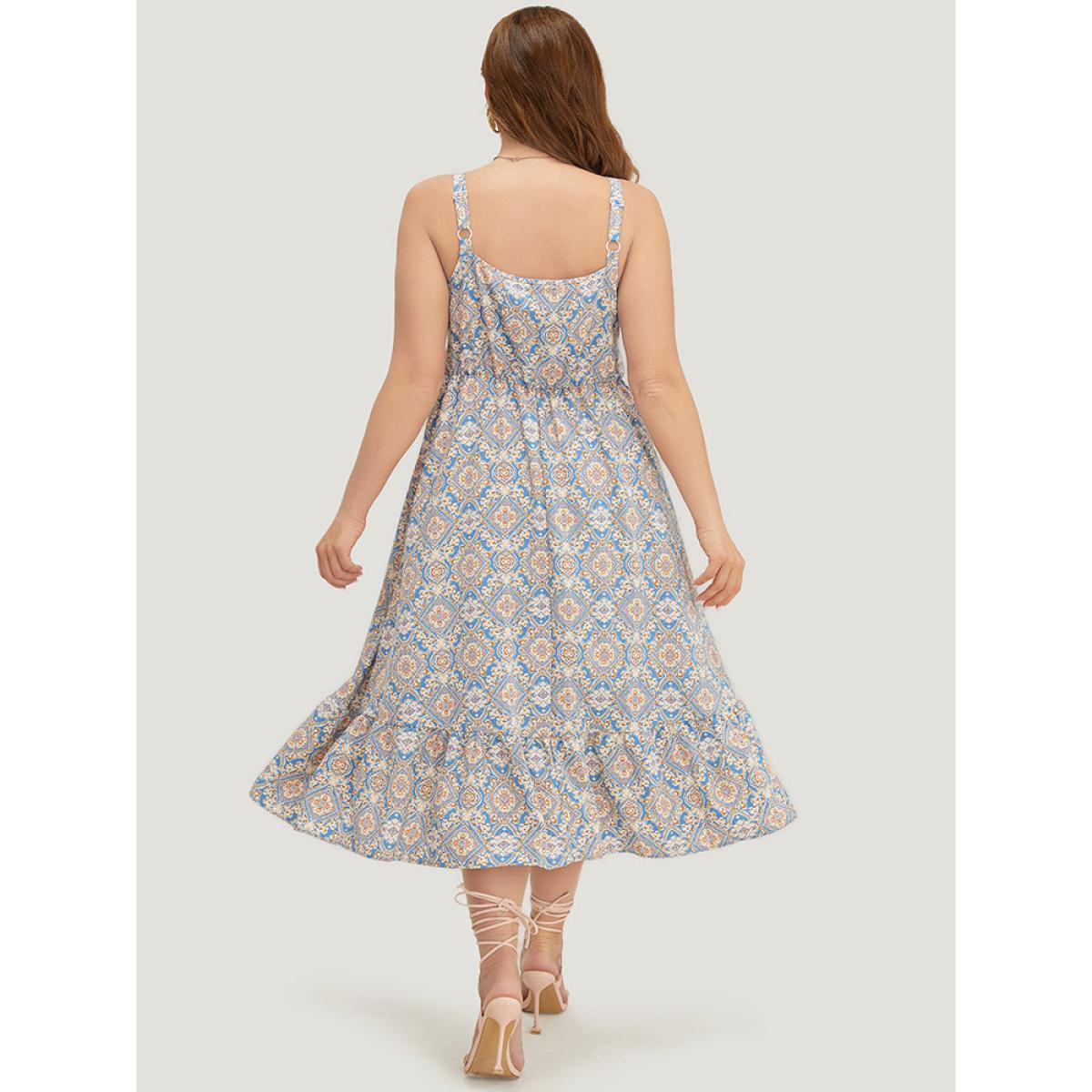 Plus Size Bandana Knotted Pocket Ruffle Hem Empire Waist Cami Dress Multicolor Women Vacation Adjustable Straps V-neck Sleeveless Curvy Midi Dress BloomChic 18-20/2X Product Image