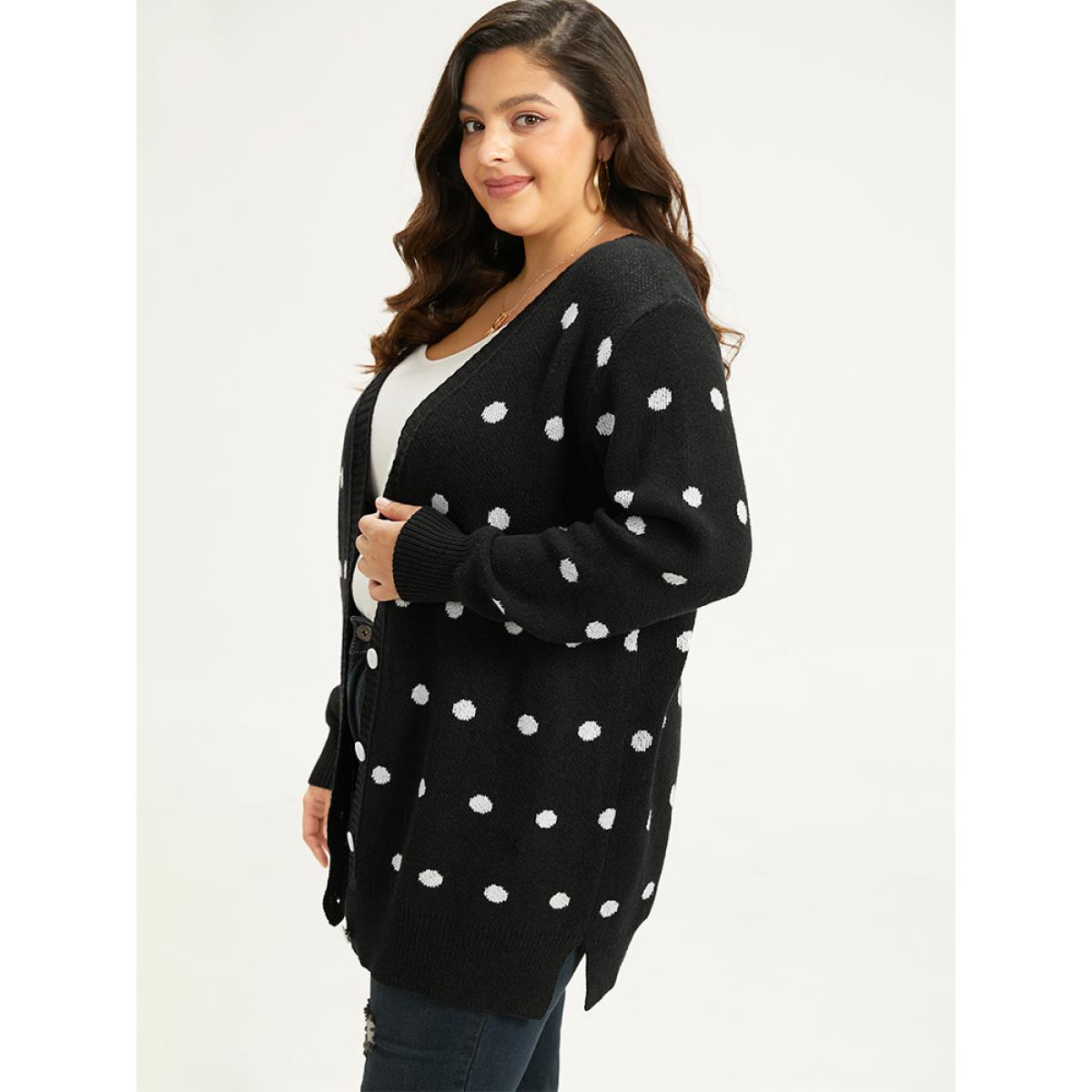 Plus Size Supersoft Essentials Polka Dot Split Side Cardigan Black Women Casual Loose Long Sleeve Dailywear Cardigans BloomChic 18-20/2X Product Image