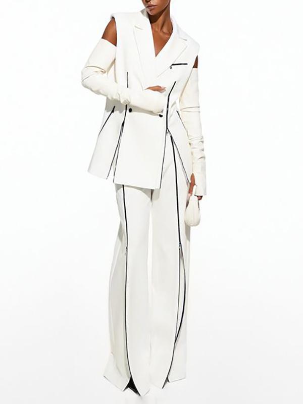 High Waisted Loose Contrast Color Solid Color Zipper Pants Trousers Product Image