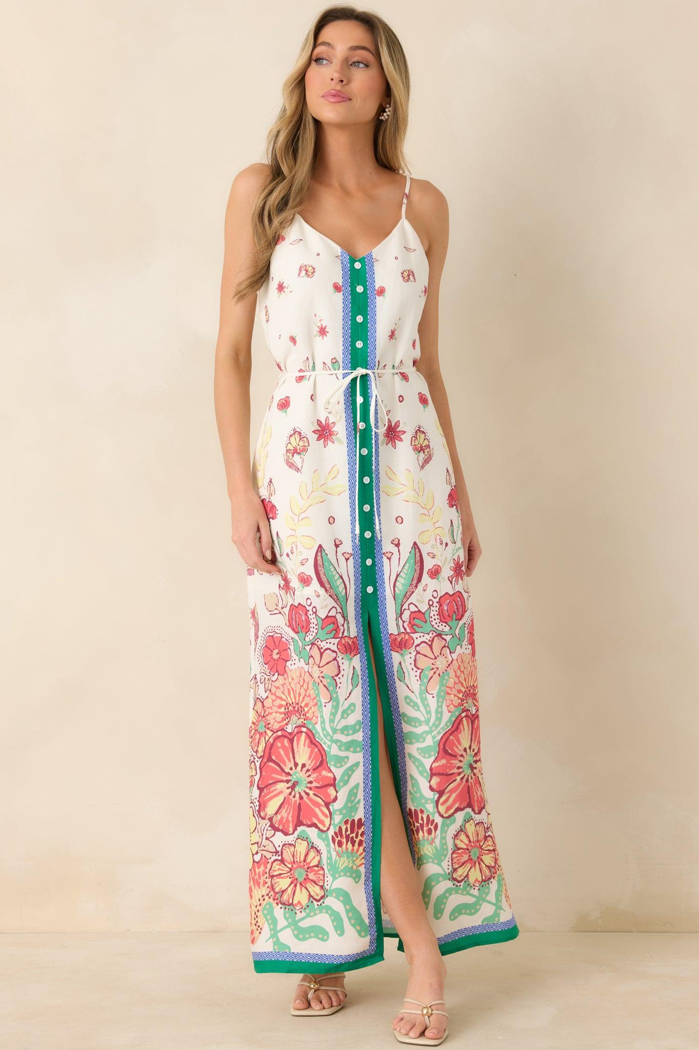 Floral Fantasy Green & Coral Pink Floral Maxi Dress Product Image