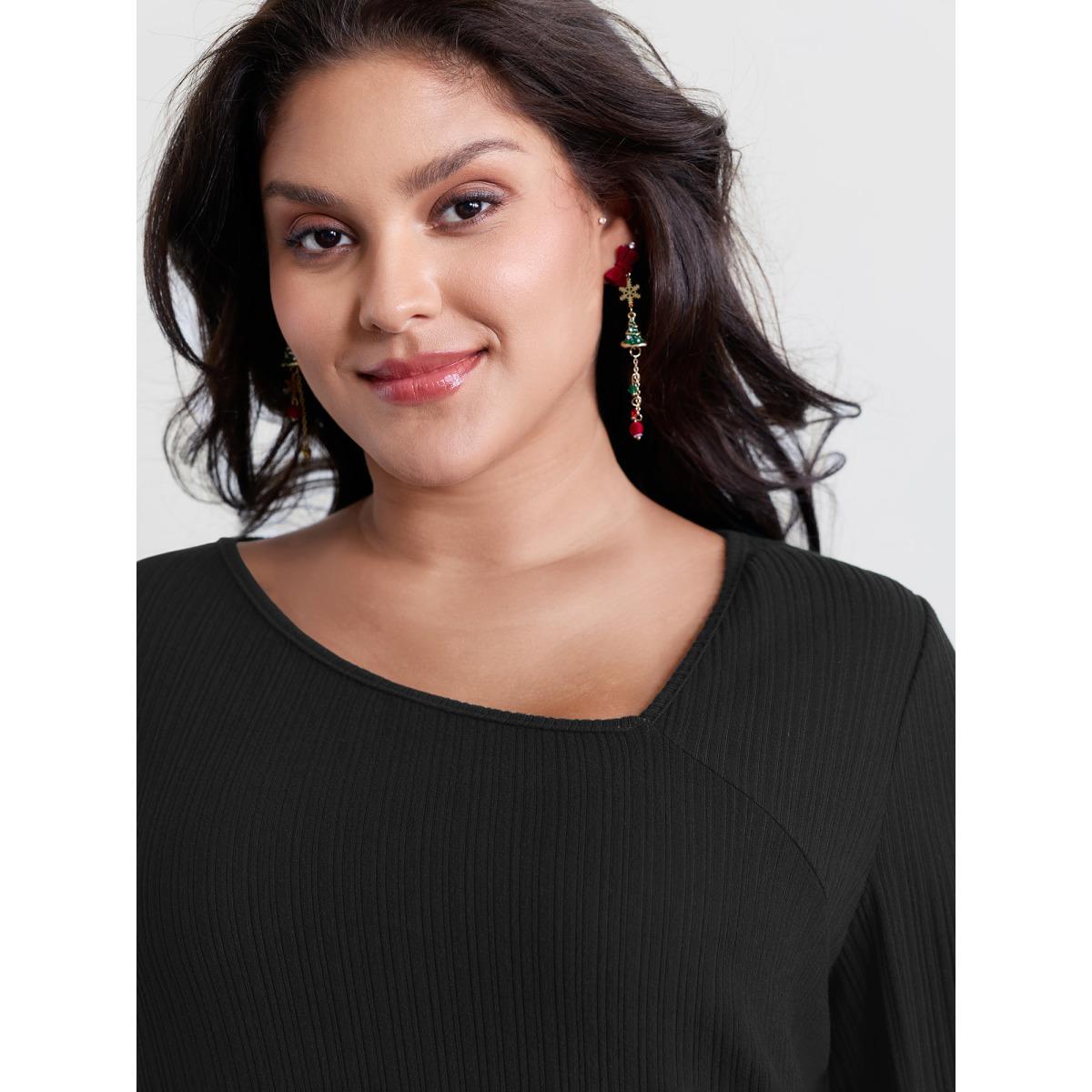 Plus Size Super Stretchy Ribbed Asymmetrical Neck T-Shirt Black Women Timeless Texture Asymmetrical Neck Elegant T-shirts BloomChic 18-20/2X Product Image