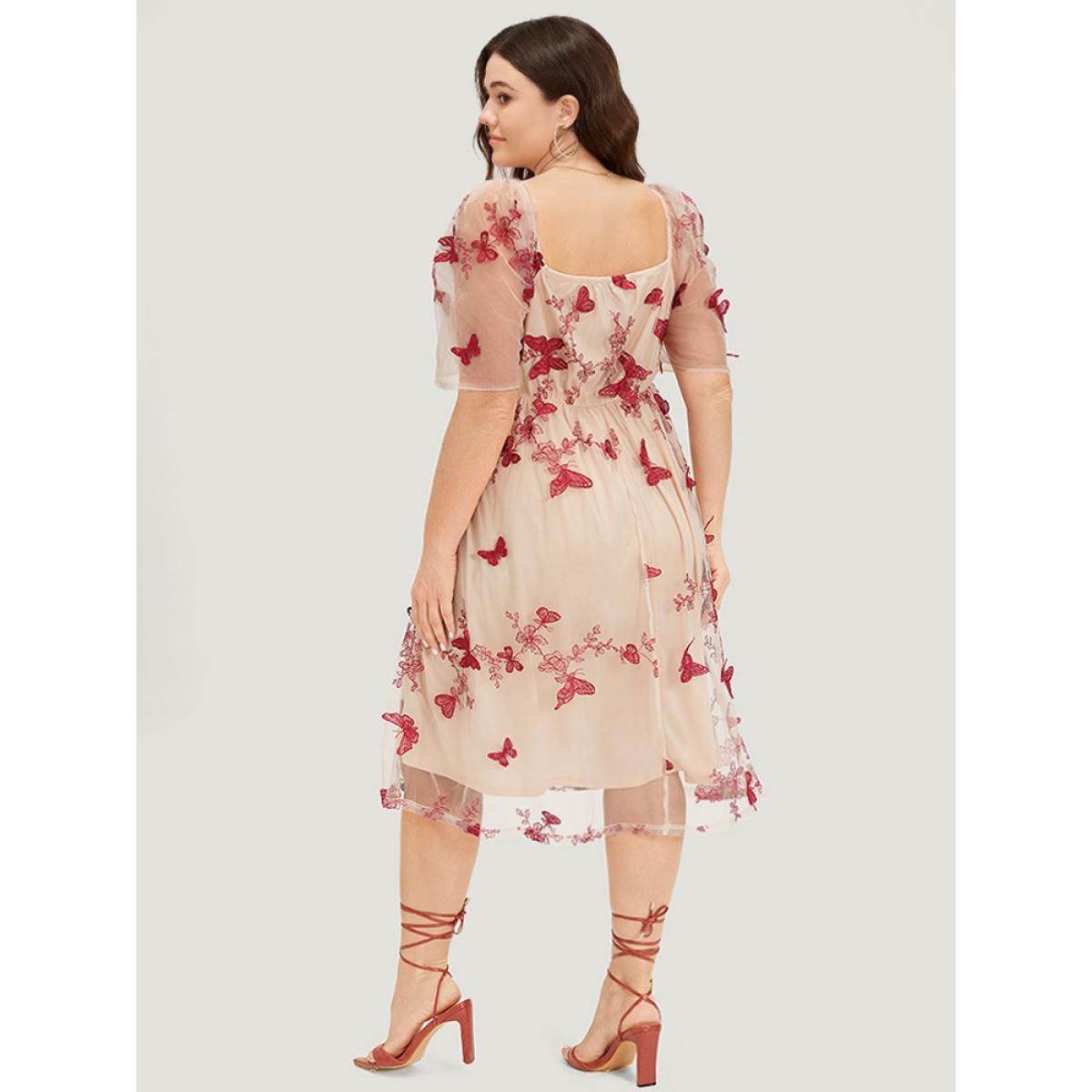 Plus Size Silhouette Floral Print Mesh Puff Sleeve Dress Beige Women Elegant Lined V-neck Half Sleeve Curvy Midi Dress BloomChic 18-20/2X Product Image