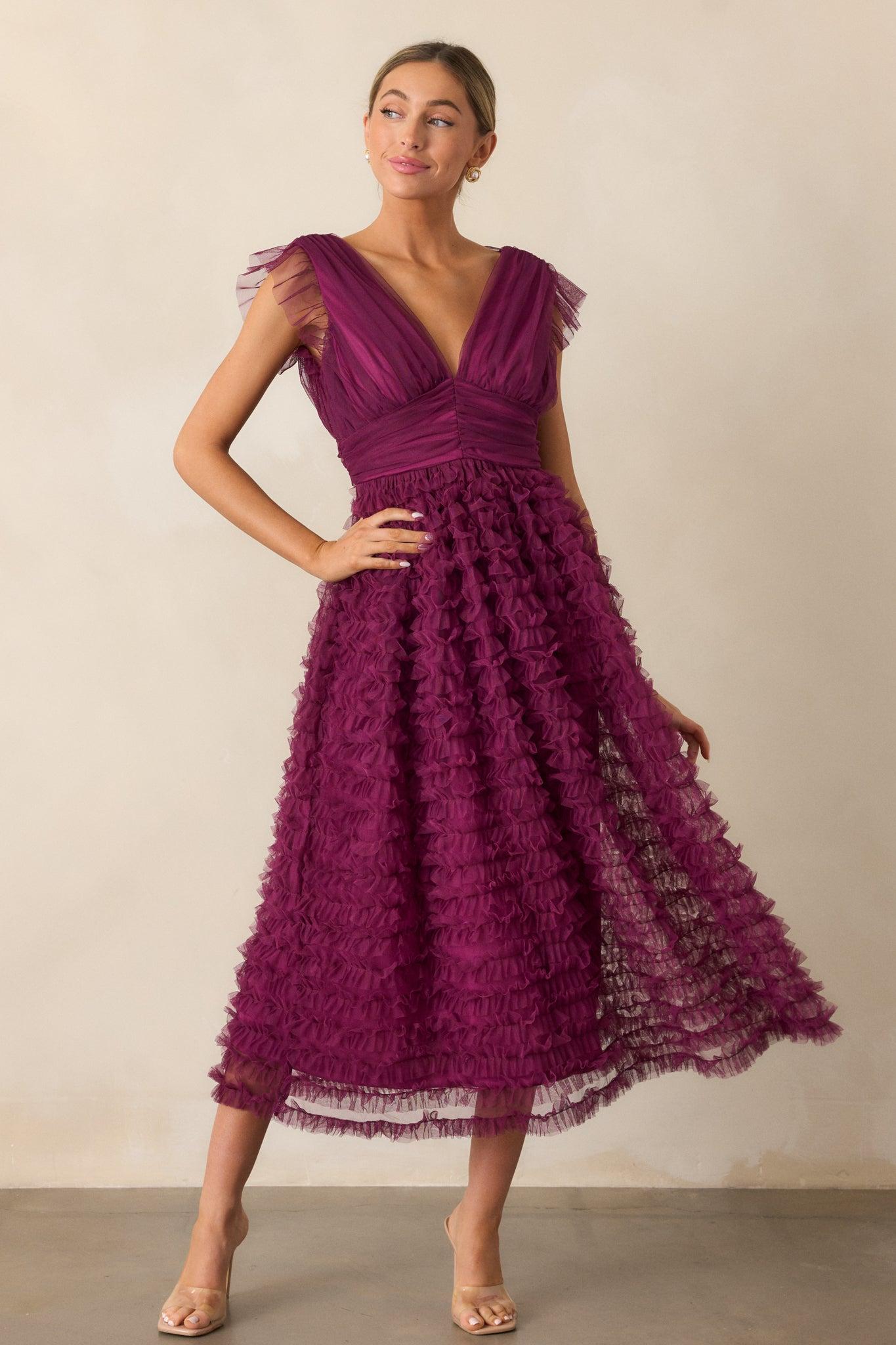 Fearless Hearts Plum Ruffle Midi Dress Product Image