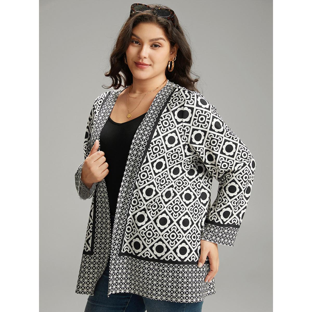 Plus Size Geometric Print Open Front Kimono Women White Casual Contrast Dailywear Kimonos BloomChic 18-20/2X Product Image