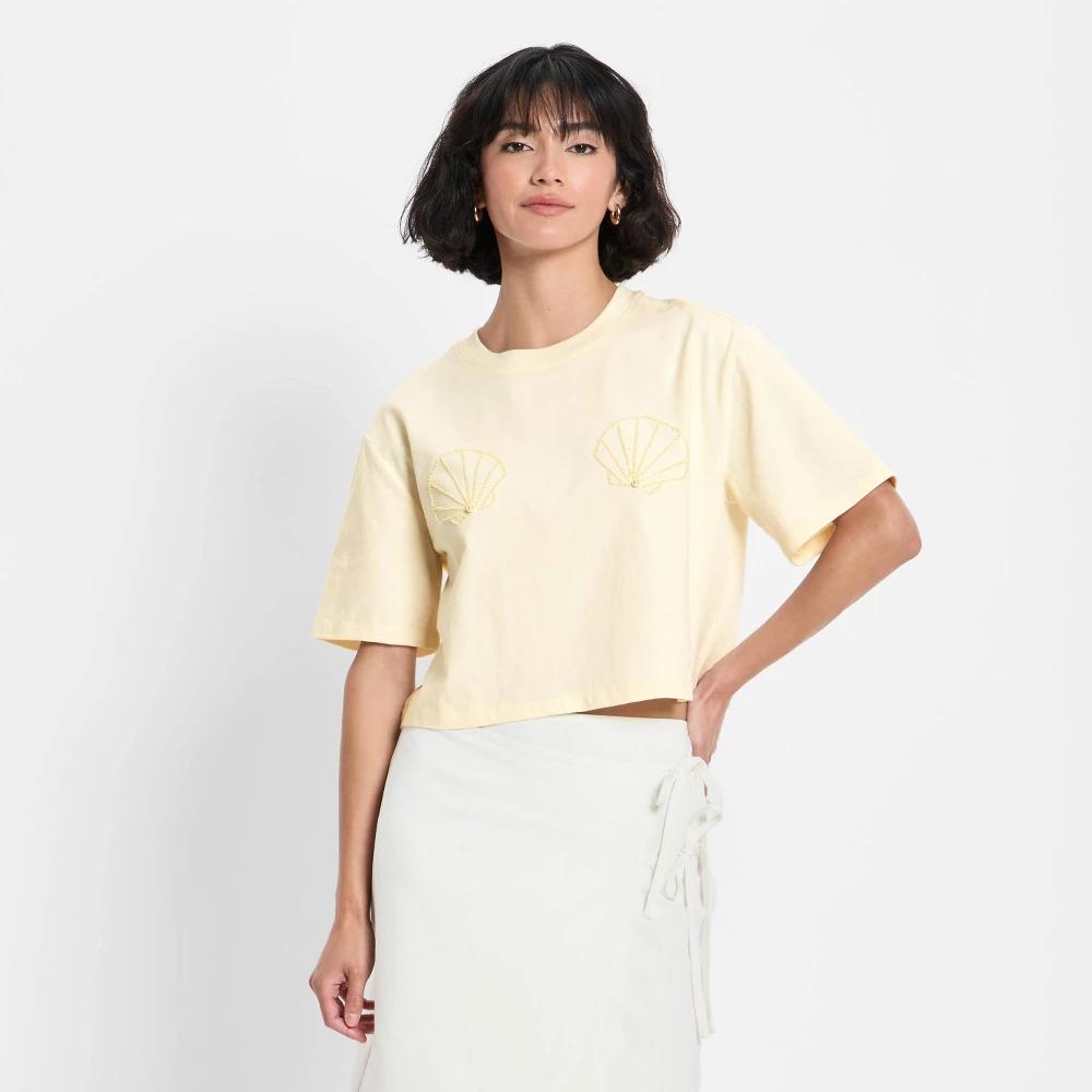 Women's Short Sleeve Seashell Beaded T-Shirt - Future Collective Cream 1X Product Image