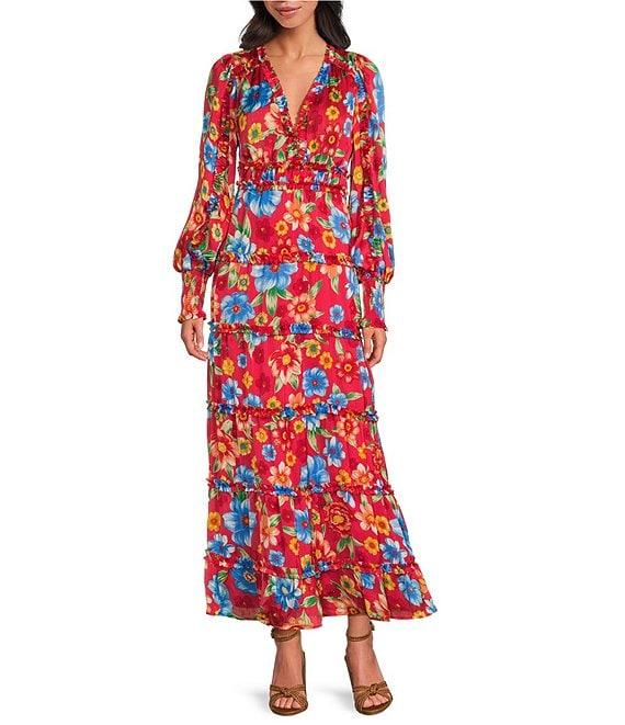 Chelsea & Violet Margaux Floral Print Plisse V-Neck Long Cuff Sleeve Maxi Dress Product Image