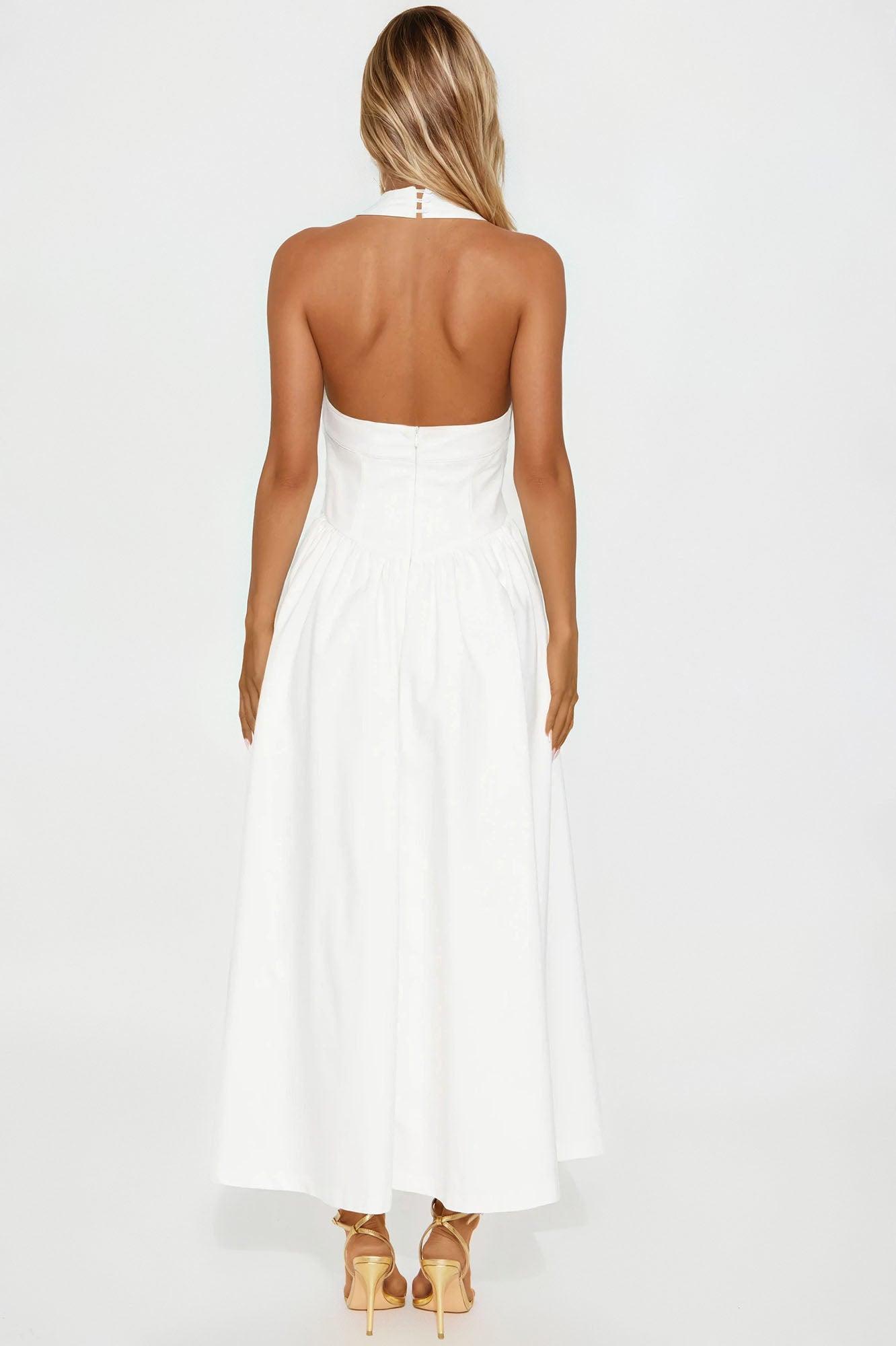 Gabrielle Drop Waist Halter Maxi Dress - White Product Image