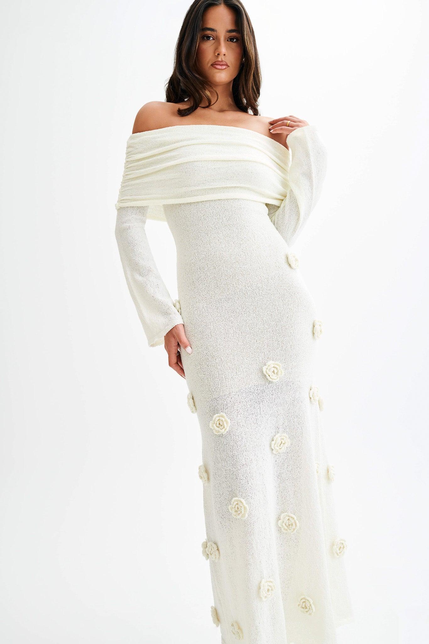 Kiki Off Shoulder Knit Rose Maxi Dress - Ivory Product Image