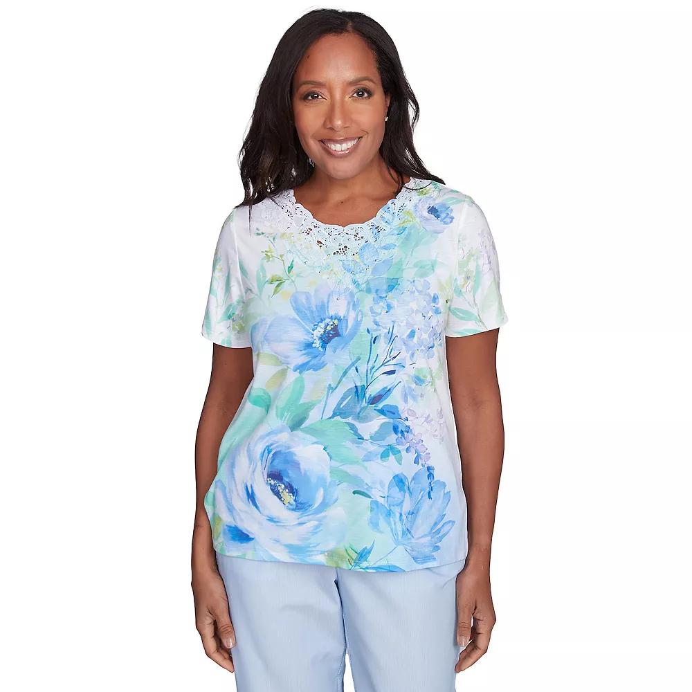 Petite Alfred Dunner Dramatic Floral Print Tee, Women's, Size: Medium Petite, Blue Team Product Image