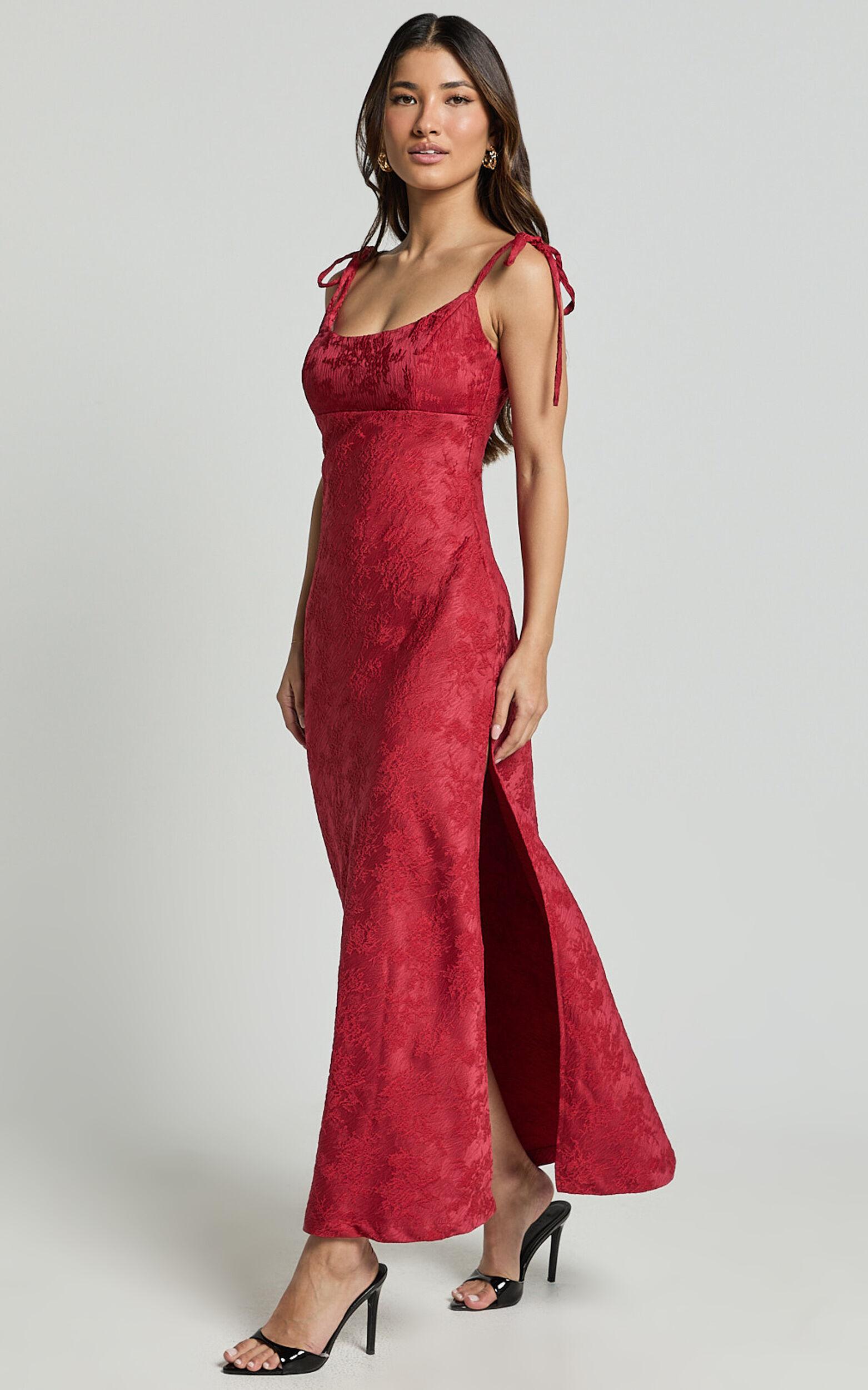 Romarie Maxi Dress - Tie Shoulder Backless Jacquard Dress in Red Product Image