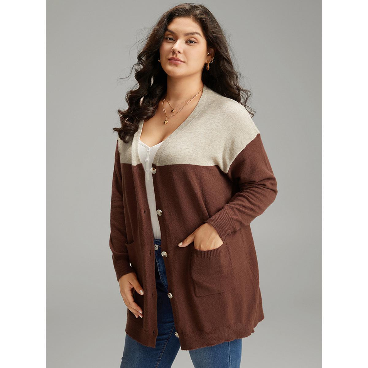 Plus Size Supersoft Essentials Anti-Pilling Contrast Button Up Pullover Brown Women Casual Loose Long Sleeve Dailywear Cardigans BloomChic 18-20/2X Product Image