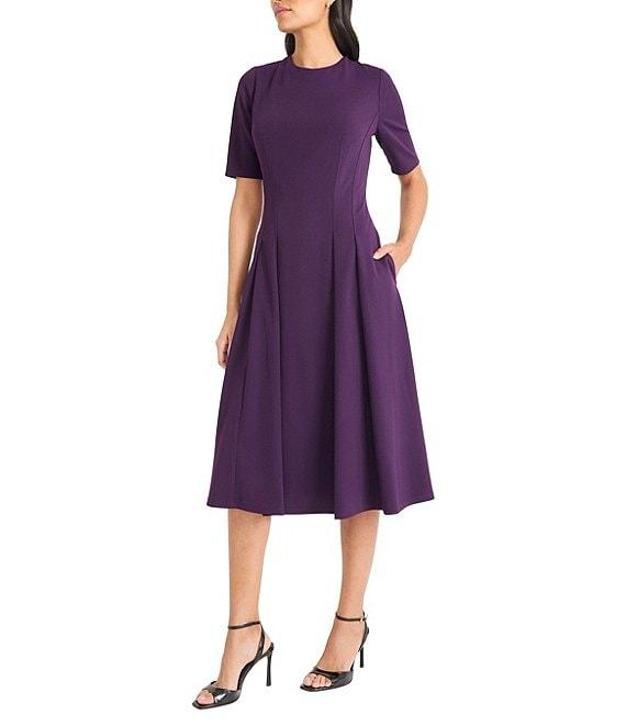 Maggy London Short Sleeve Crew Neck Double Pleat Stretch Crepe Midi A-Line Midi Dress Product Image