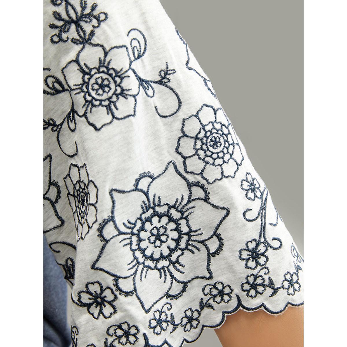 Plus Size Contrast Embroidered Scalloped Trim T-shirt Indigo Women Elegant Contrast Silhouette Floral Print Round Neck Dailywear T-shirts BloomChic 14-16/1X Product Image