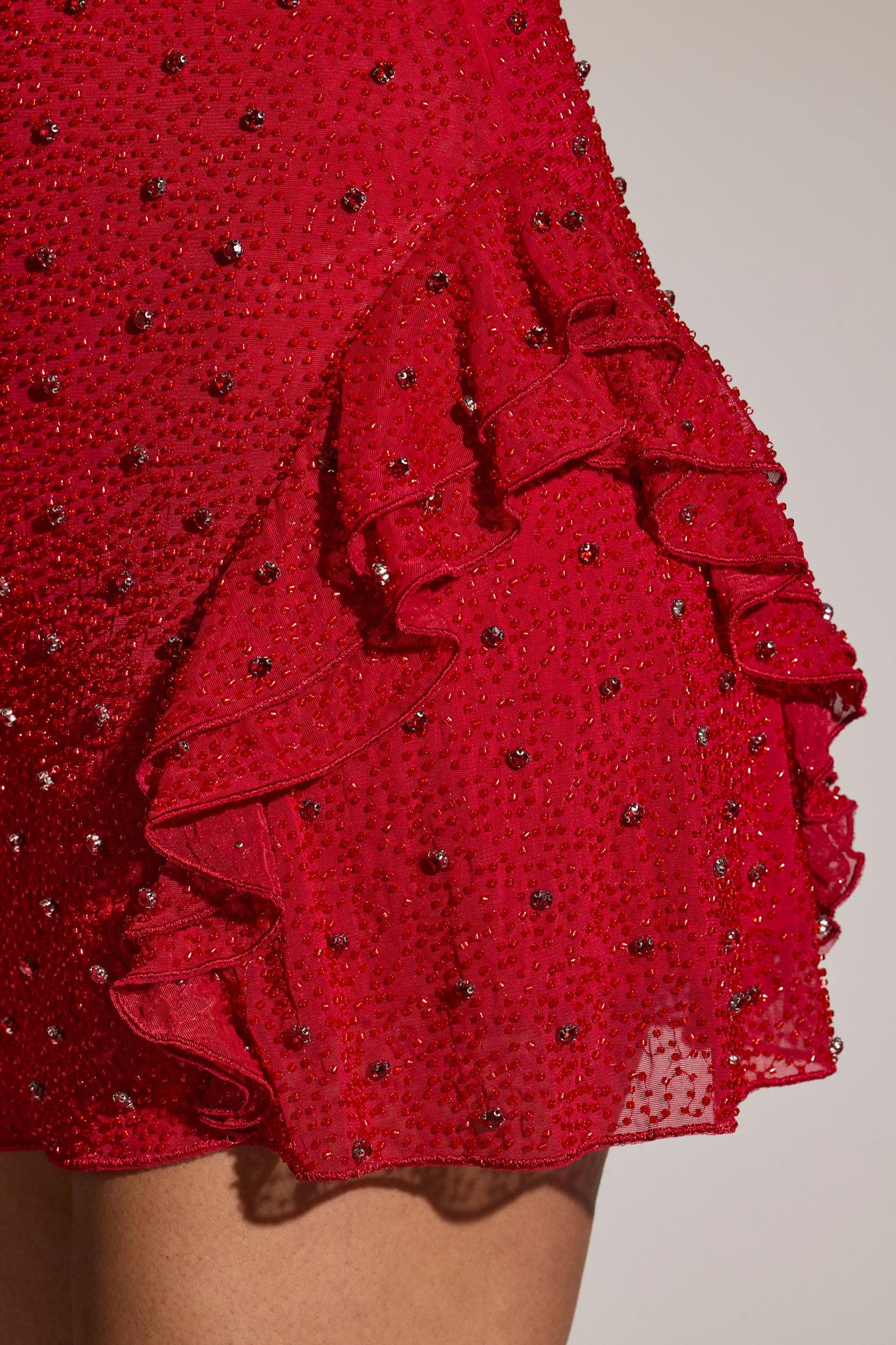 Embellished Frill Mini Dress in Red Product Image