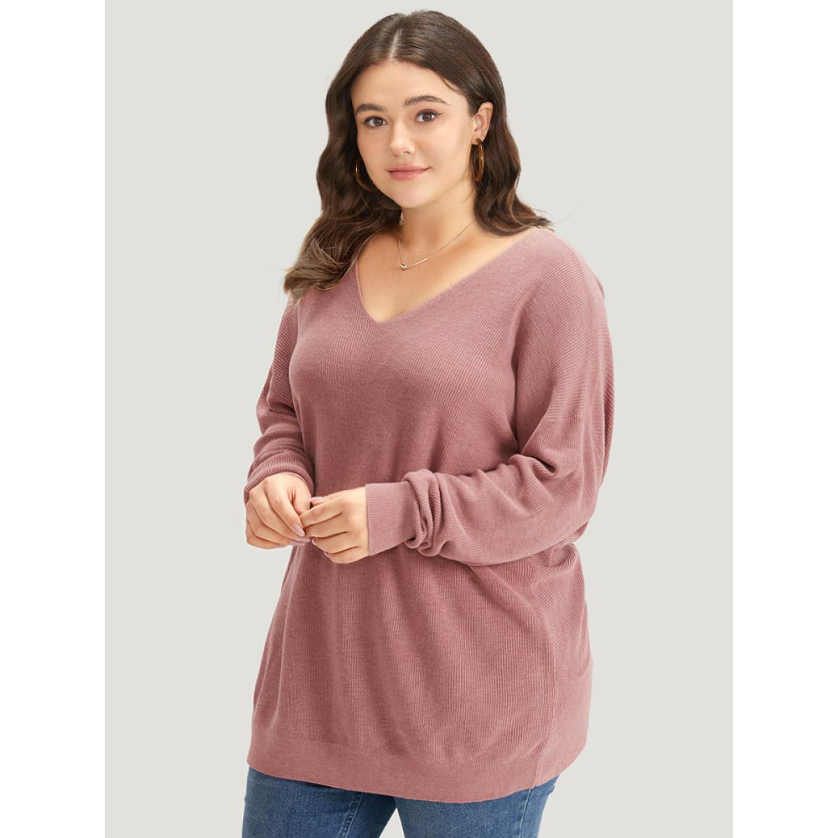 Plus Size Plain Twist Back Backless Pullover DustyPink Women Casual Loose Long Sleeve V-neck Dailywear Pullovers BloomChic 26/4X Product Image
