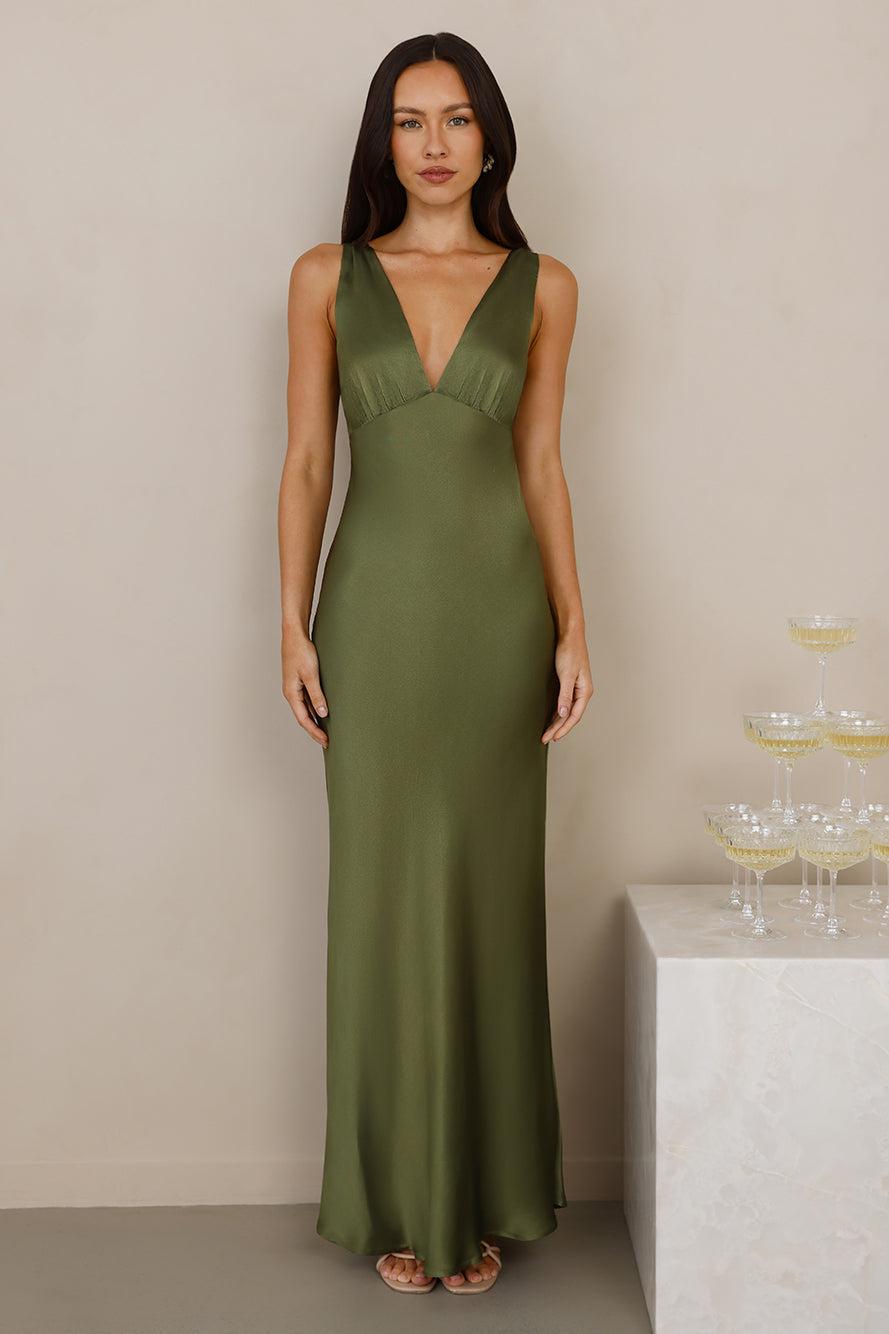 The Isabeau Satin Maxi Dress Olive Product Image