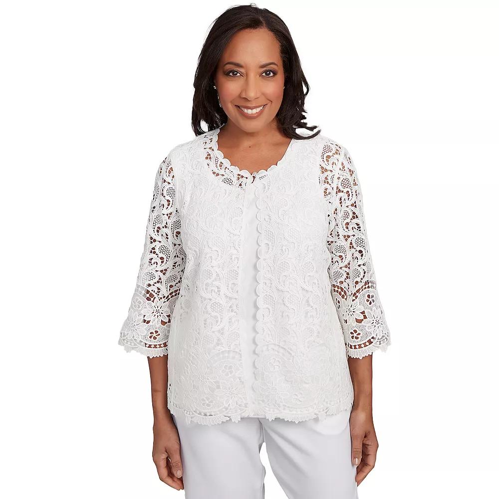 Petite Alfred Dunner Embellished Lace Two-in-One Top, Women's, Size: Medium Petite, Oyster Product Image