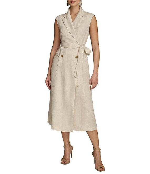 Donna Karan Collared Neck Cap Sleeve Tie Sash Button Front Linen Blend A-Line Midi Dress Product Image