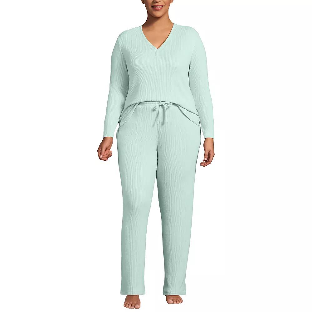 Plus Size Lands' End Long Sleeve V-Neck Pajama Top & Pajama Pants Set, Women's, Size: 2XL, Ivory Product Image