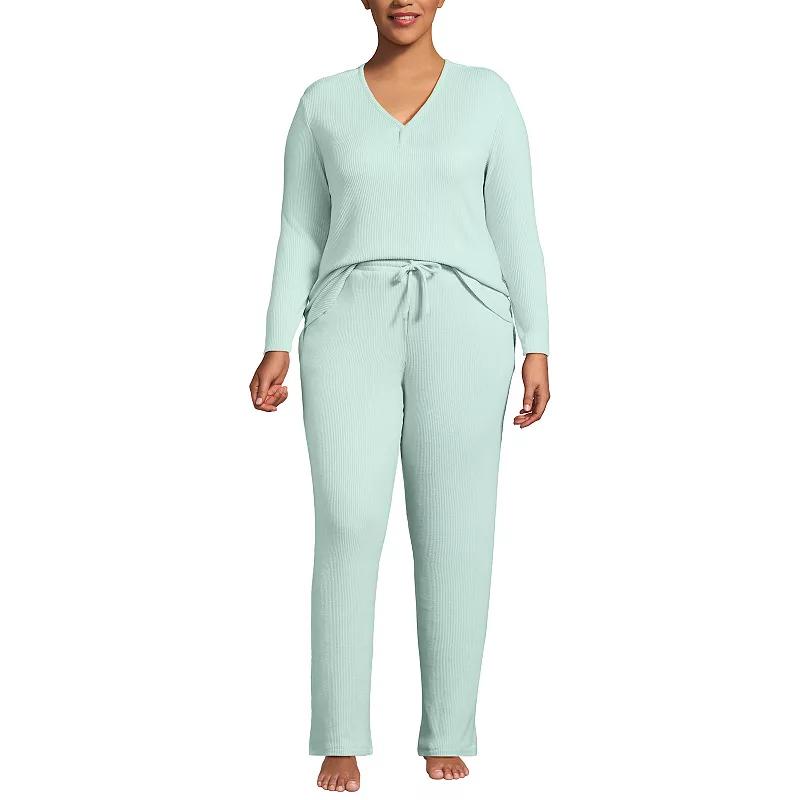 Plus Size Lands' End Long Sleeve V-Neck Pajama Top & Pajama Pants Set, Women's, Size: 2XL, Ivory Product Image